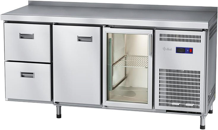 Стол морозильный Abat СХН-70-02 (1 дверь-стекло, 1 дверь, 2 ящика, борт)